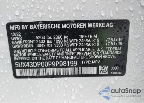 2023 BMW X3 Sdrive30I из США, поврежденный, VIN 5UX43DP00P9P98199